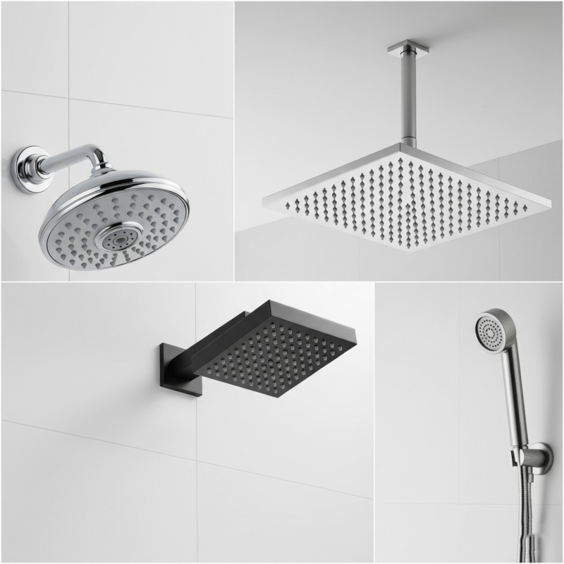 A collage or side-by-side comparison of different styles of fixed showerheads