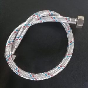 A short, flexible tube with a woven outer layer of silver and braided red and blue fibers. The tube is coiled into a circle, and a large metal nut fitting is visible at each end.