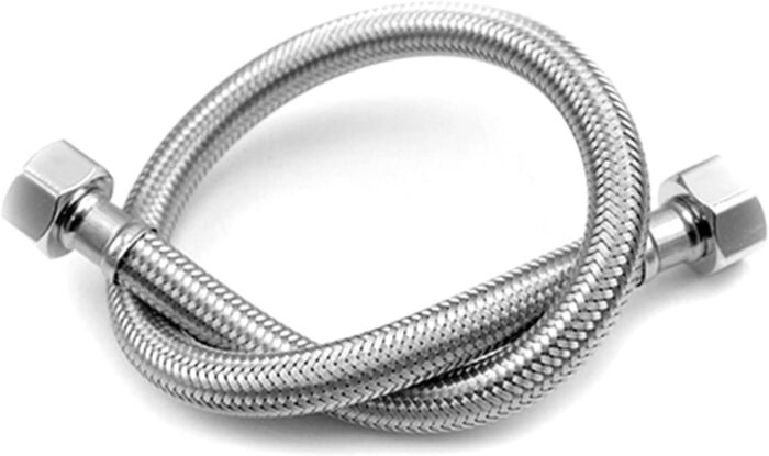 A close-up product photo of a chrome flex tube. The tube is coiled and twisted into a loose knot, with hexagonal nut fittings visible on both ends.