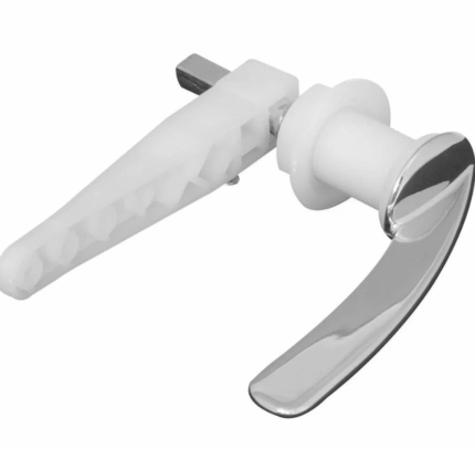 A toilet flush handle assembly, featuring a polished chrome lever handle attached to a white plastic arm and mechanism. The plastic arm contains a series of internal plastic structures.