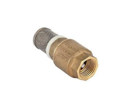 A high-quality product photo of a brass foot valve. It features a fine, cylindrical wire mesh strainer at one end and a threaded fitting at the other. The body of the valve is stamped with "LIRLEE QUALITY."