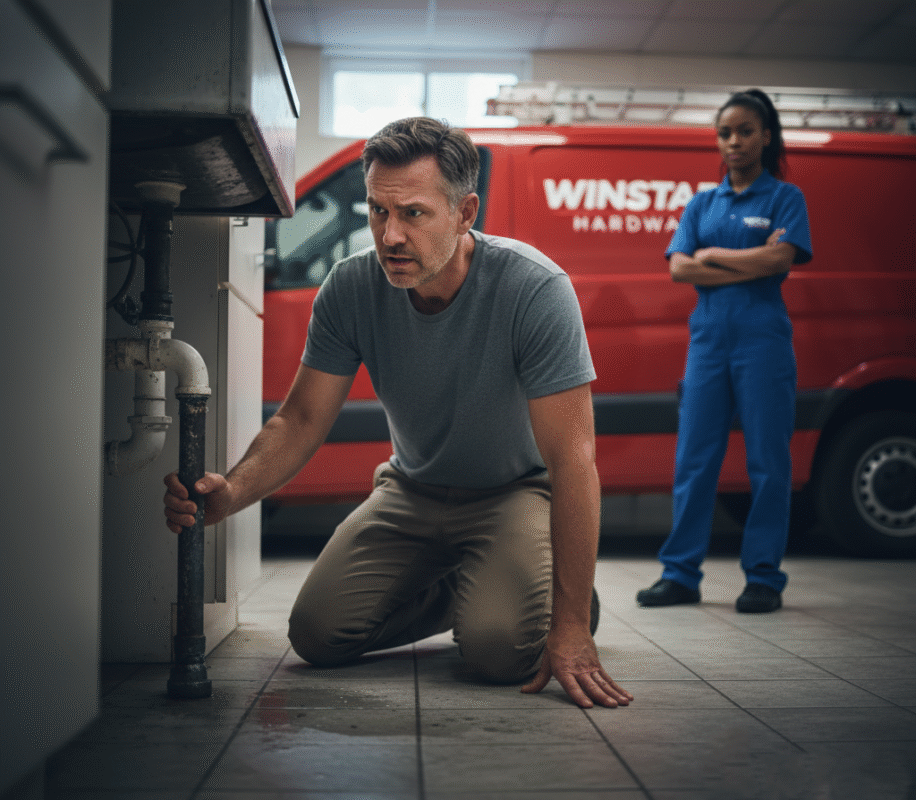 A homeowner with a worried expression, looking at a plumbing problem, with a professional plumber in the background