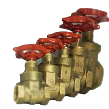 A line of five progressively larger brass gate valves, each with a bright red, star-shaped handle.