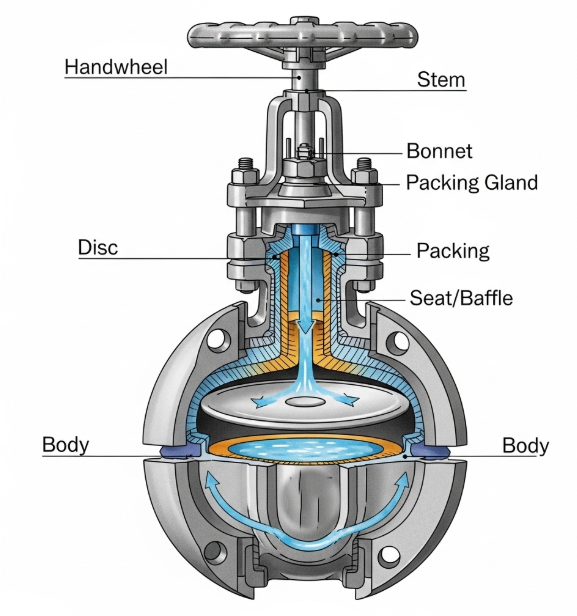 A diagram of a globe valve, highlighting its internal structure.