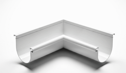 A clean, white plastic gutter angle on a white background. This corner piece is designed to connect two semi-circular gutter pipes at a 90-degree angle, with the open top facing upwards.