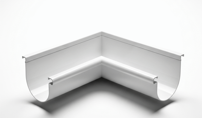 A clean, white plastic gutter angle on a white background. This corner piece is designed to connect two semi-circular gutter pipes at a 90-degree angle, with the open top facing upwards.