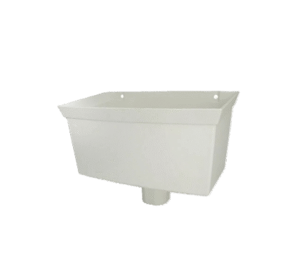A single white plastic gutter box. The box has a wide, rectangular opening at the top and tapers to a smaller, round downspout connector at the bottom. There are two circular mounting holes visible on the back.