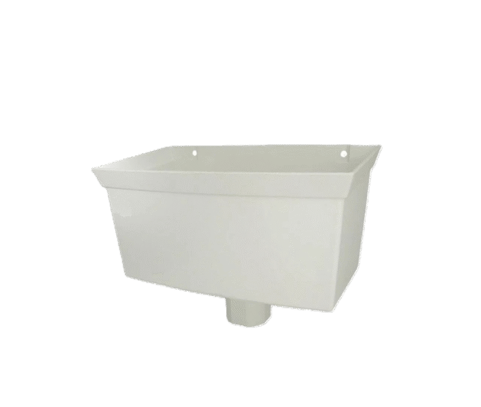 A single white plastic gutter box. The box has a wide, rectangular opening at the top and tapers to a smaller, round downspout connector at the bottom. There are two circular mounting holes visible on the back.