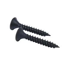 Two black gypsum screws with coarse threads and Phillips bugle heads.