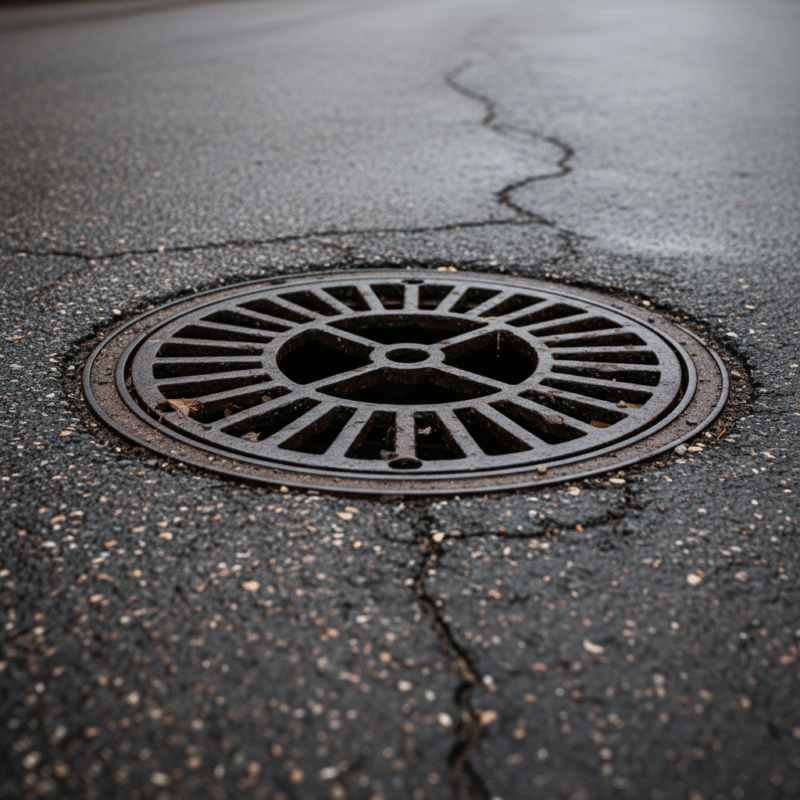 A close-up view of a circular metal storm drain grate set into dark asphalt pavement