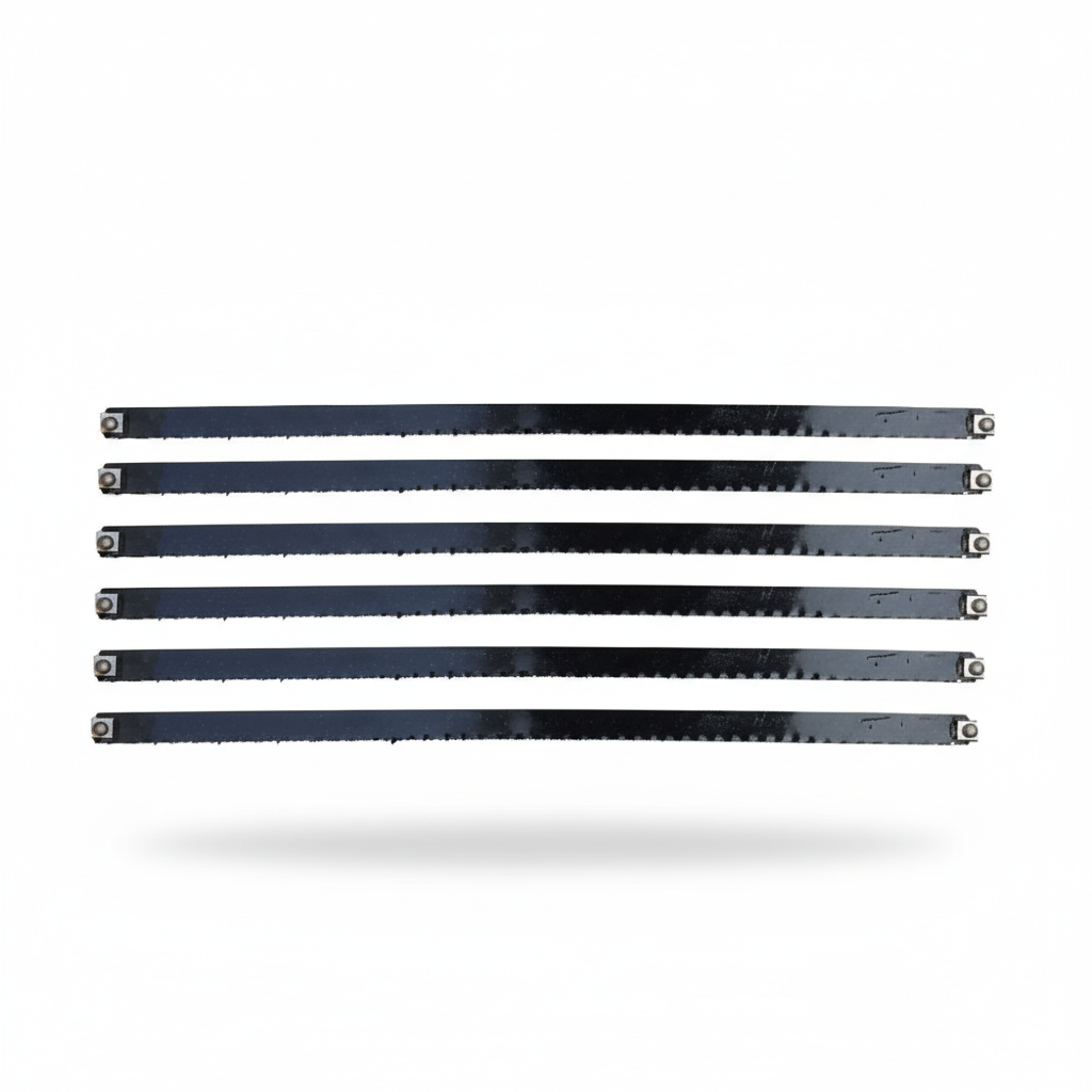 A set of five dark-colored hacksaw blades, each with fine teeth, arranged horizontally in parallel rows on a white background. Each blade has small circular holes at both ends for attachment.