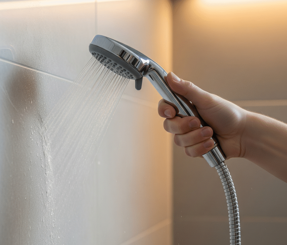 A person holding a handheld showerhead