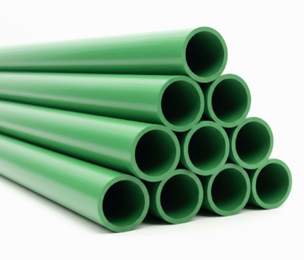 A close-up of a stack of green PPR pipes. The pipes are arranged in a neat pyramid.