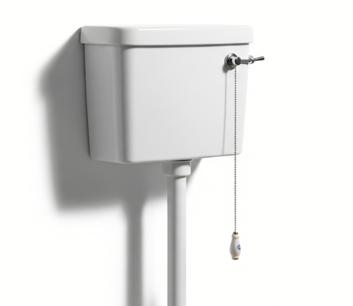 A high-level toilet cistern with a pull chain, mounted on a wall and connected to a toilet bowl (out of frame) by a pipe.