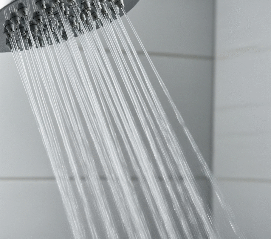 A close-up of a high-pressure showerhead with powerful, defined streams of water.