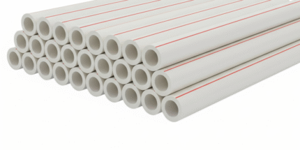 A bundle of hot water PPR pipes with a single thin red stripe along the length of each pipe. The pipes are gray and are tightly packed together.