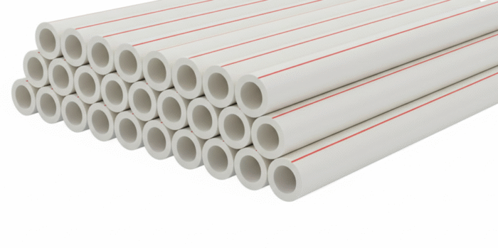 A bundle of hot water PPR pipes with a single thin red stripe along the length of each pipe. The pipes are gray and are tightly packed together.