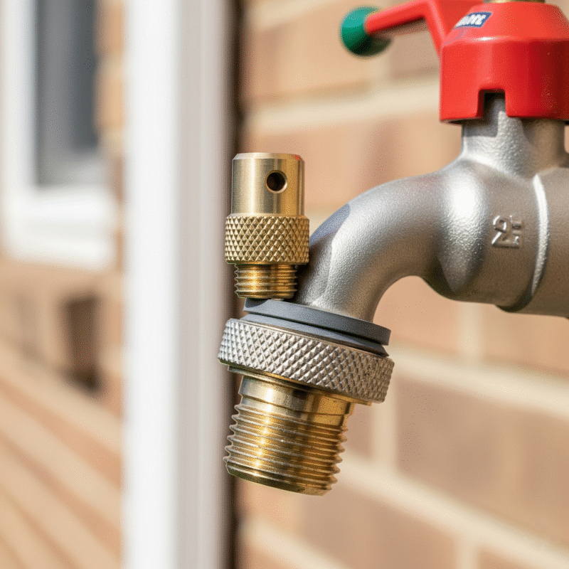 A clear image of a Hose Bib Vacuum Breaker attached to an outdoor faucet