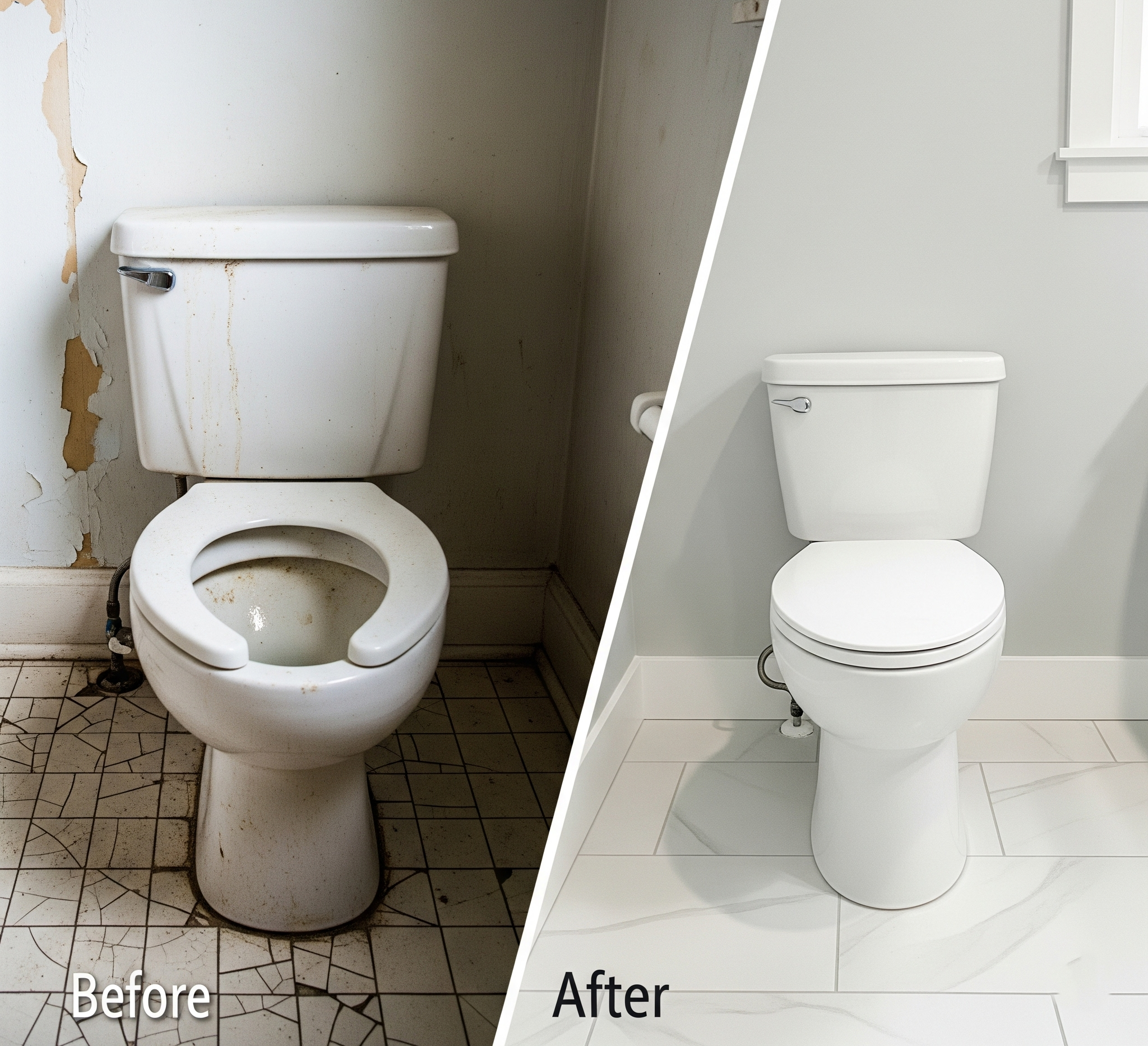 A "Before and After" Shot: A split image showing an old, worn-out toilet on one side and a brand new, gleaming toilet on the other.