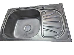A rectangular stainless steel kitchen sink.