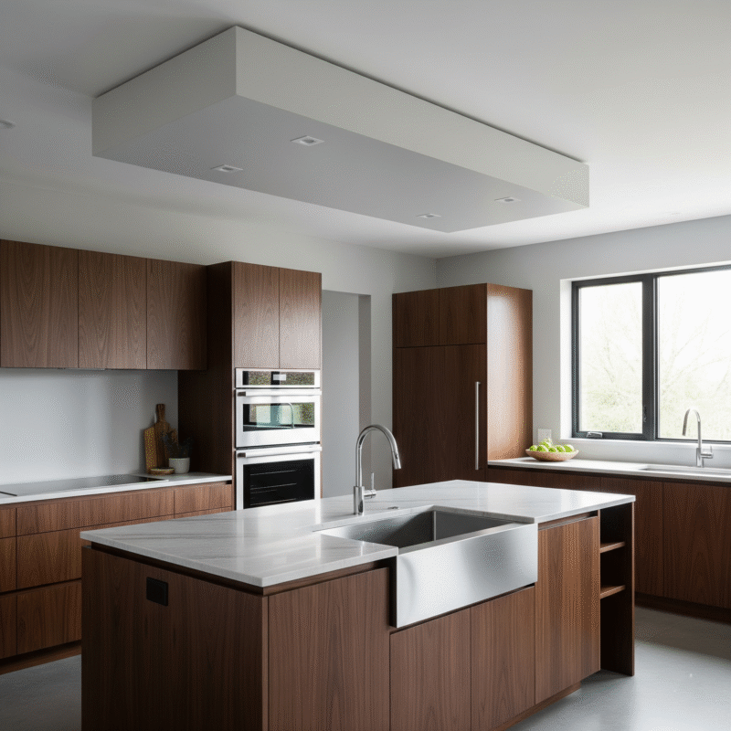 A photo showing a modern kitchen where plumbing is hidden in a soffit that blends into the ceiling.