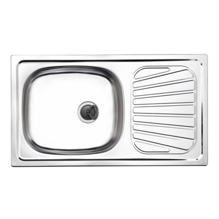A shiny, rectangular single-bowl stainless steel kitchen sink with a built-in draining board on the right side.