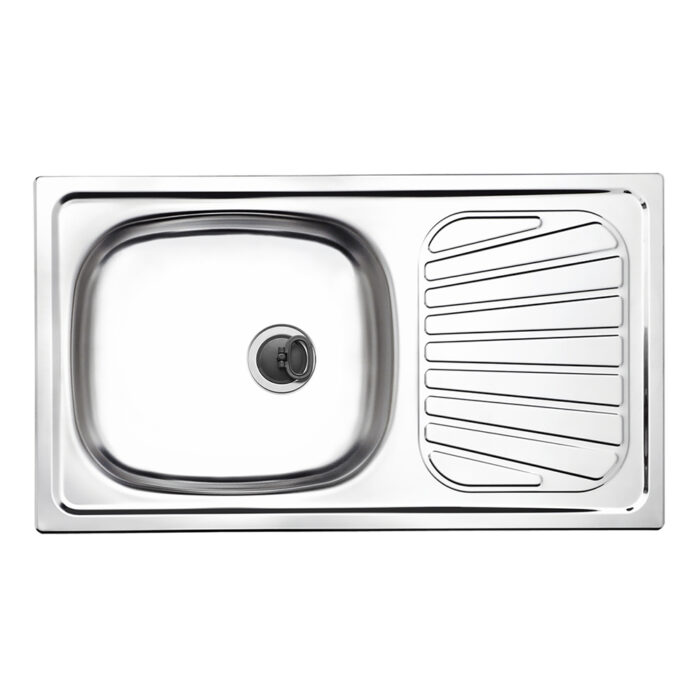 A shiny, rectangular single-bowl stainless steel kitchen sink with a built-in draining board on the right side.
