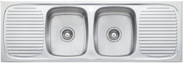A shiny stainless steel kitchen sink with two bowls and a draining board on both the left and right sides.