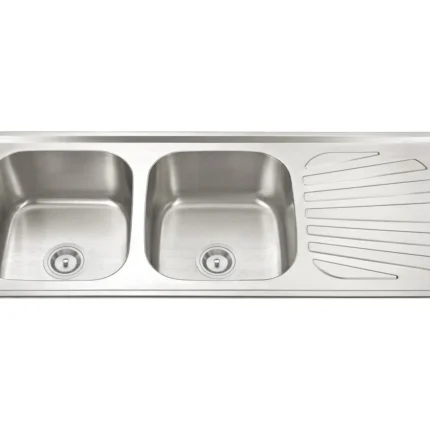 A polished stainless steel double-bowl kitchen sink with a draining board on the right side.