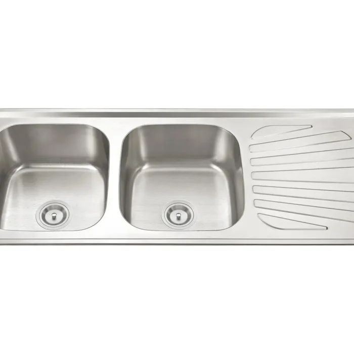 A polished stainless steel double-bowl kitchen sink with a draining board on the right side.