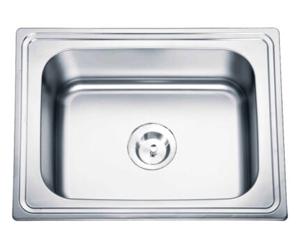 A gleaming, rectangular single-bowl stainless steel kitchen sink with a central drain.