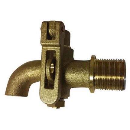 A brass lockable tap. It has a short spout and a U-shaped bracket on top with a hole for a padlock to prevent unauthorized use.