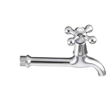A close-up of a long-neck wall-mounted tap. The tap has a highly polished chrome finish, a long horizontal spout with a threaded end, and a star-shaped handle on top.