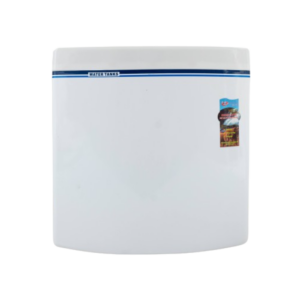 A white low-level cistern with a blue stripe and a manufacturer's label.