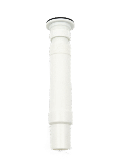 A single white plastic pipe, also known as a "magic flex" drain hose. It is a straight, tubular piece with a black washer and threaded cap visible on the top end.