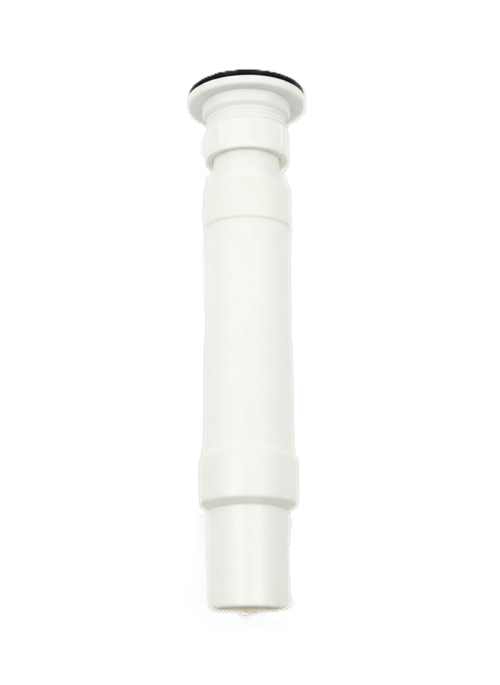 A single white plastic pipe, also known as a "magic flex" drain hose. It is a straight, tubular piece with a black washer and threaded cap visible on the top end.