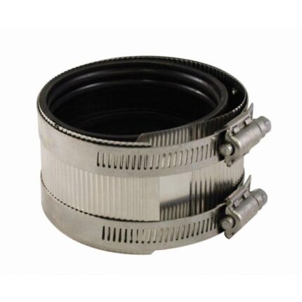 A flexible mechanical pipe joint or coupling. It consists of a black rubber sleeve surrounded by a corrugated stainless steel band, which is tightened by two screw-and-worm gear clamps on either side.