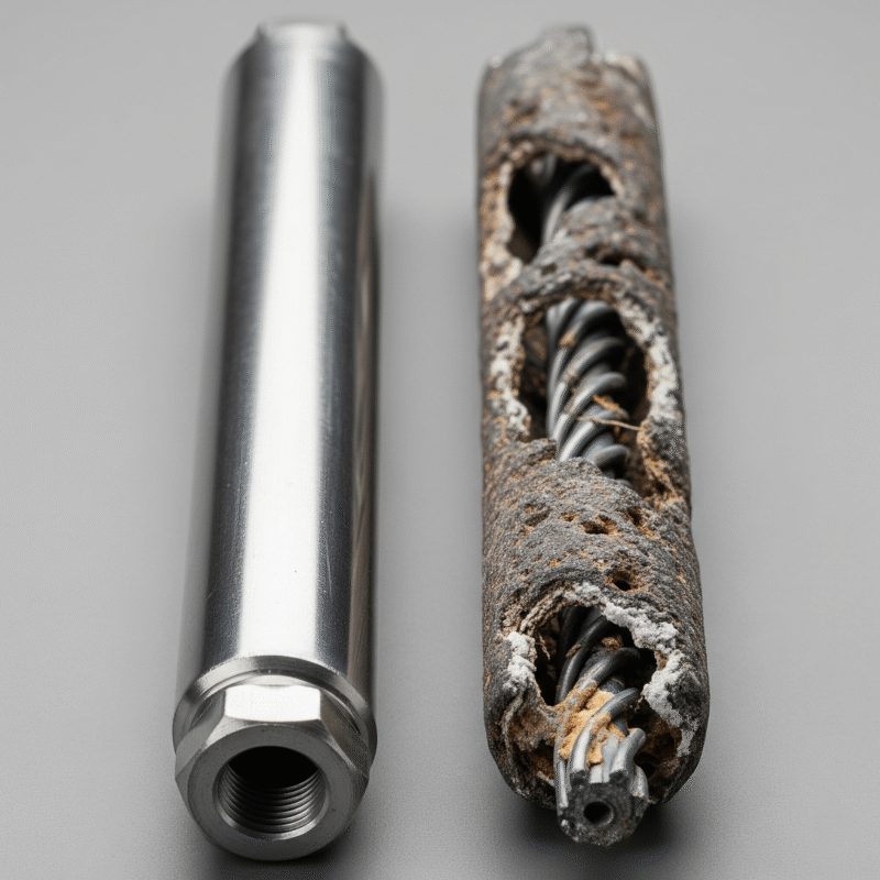 An image comparison of a corroded and non-corroded anode
