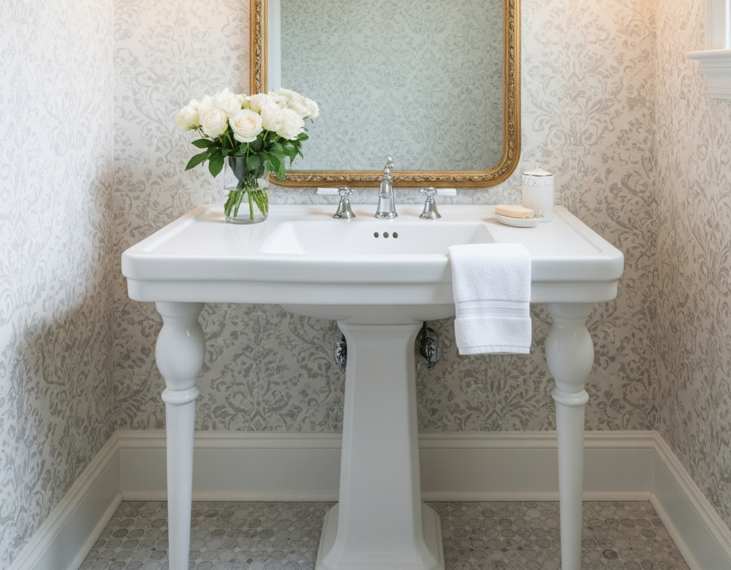 A beautiful image of a pedestal sink in a well-decorated small bathroom.