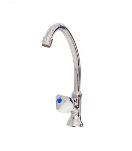 A shiny chrome-plated pillar spout faucet with a high, gooseneck spout. The faucet has a single lever handle, and a flared, bell-shaped base. It is shown on a white background.
