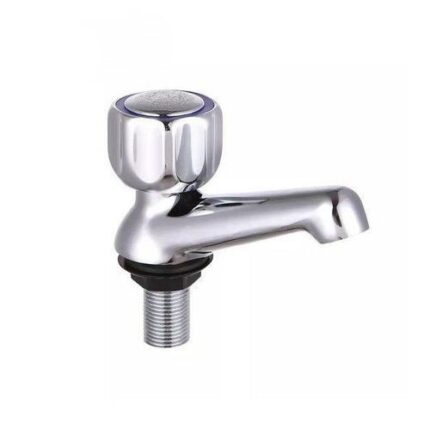 A polished chrome-plated pillar tap with a short, curved spout and a rounded knob handle. The top of the knob has a textured surface with a blue and red indicator, and the tap has a threaded base. It is shown on a white background.