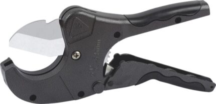 A black pipe cutter with an open, sharp silver blade, featuring a textured handle and a ratcheting mechanism visible.