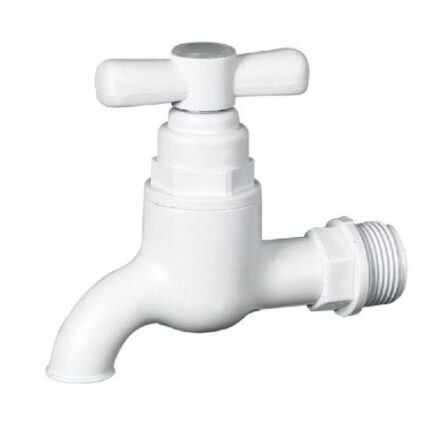 A simple, all-white plastic bib tap with a cross-shaped handle and a threaded spout for a hose connection. The tap is depicted on a white background.