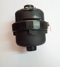 A photo of a black plastic water meter. The brand "KENT" is visible on the top and there is a small metal wire and seal attached to the body.
