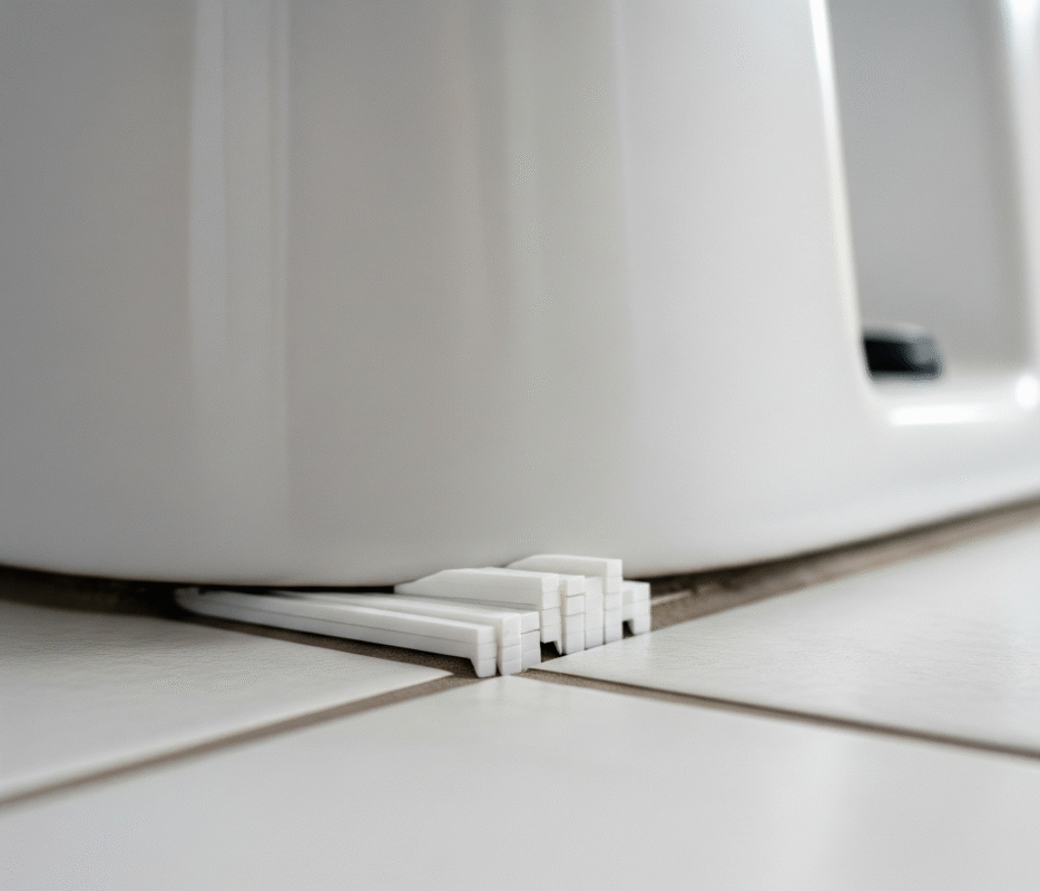 plastic shims being used under the base of a toilet bowl