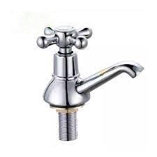 A shiny, polished chrome pillar tap with a short, curved spout and a star-shaped handle. The tap has a rounded base and a threaded connection for installation.