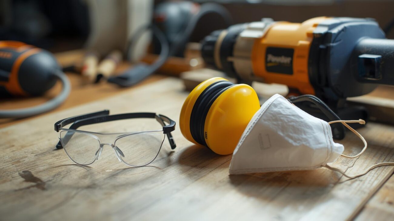 A well-lit, organized workbench with a pair of safety glasses, ear protection, and a dust mask laid out next to a power tool.