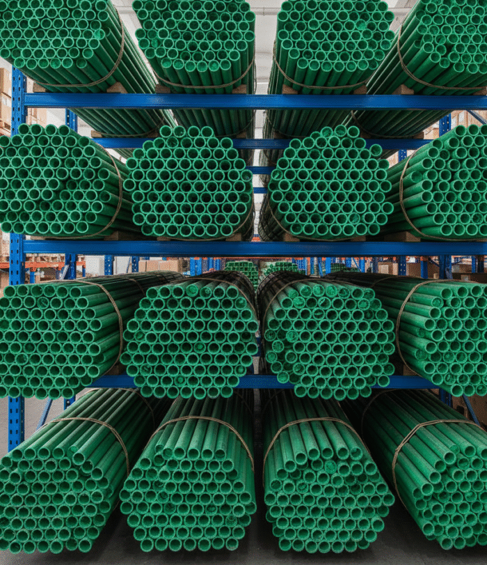 Bundles of PPR pipes with a single red stripe stacked horizontally on blue metal warehouse racks. Each bundle of pipes is tied together with a thin rope.