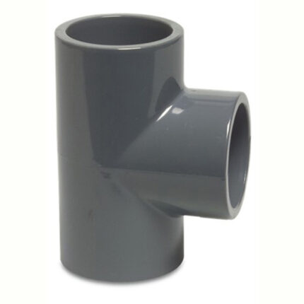 A close-up of a dark grey PVC pressure tee fitting on a white background. The fitting is used to create a branch line at a 90-degree angle from the main pipe.