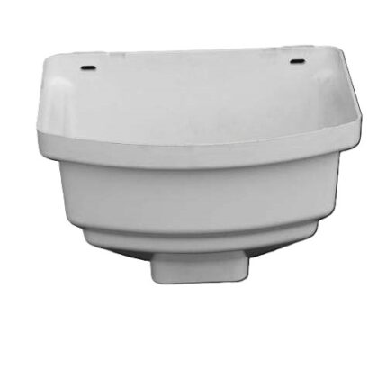 A light gray plastic PTG box on a white background. This box is wider at the top and tapers to a smaller, square opening at the bottom. It features a solid back and a curved front, designed to collect water from a gutter and funnel it into a downpipe.